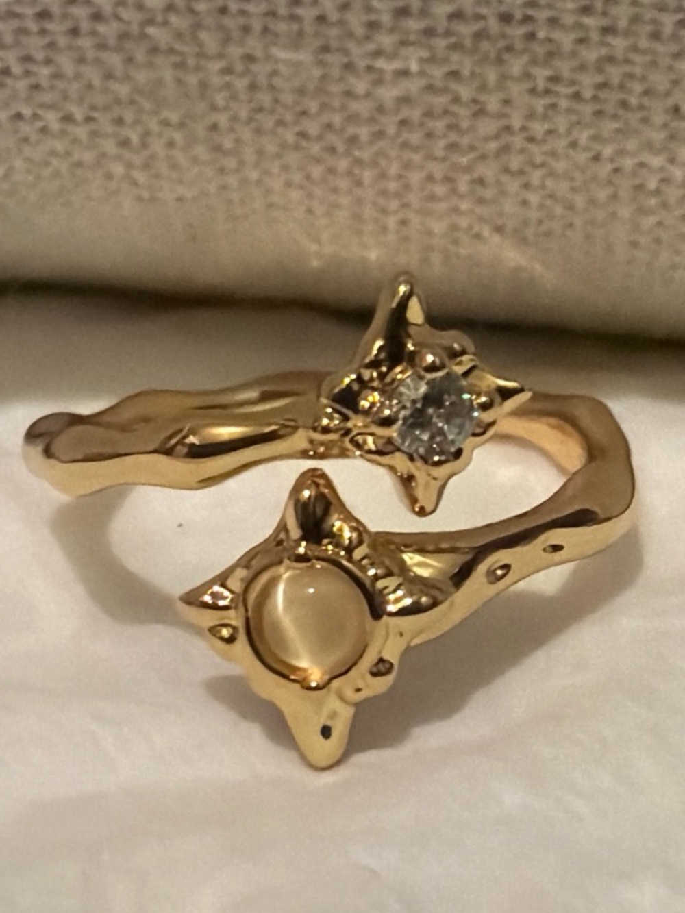 Gold Star Accent Open Ring with Clear and Pearl Stones